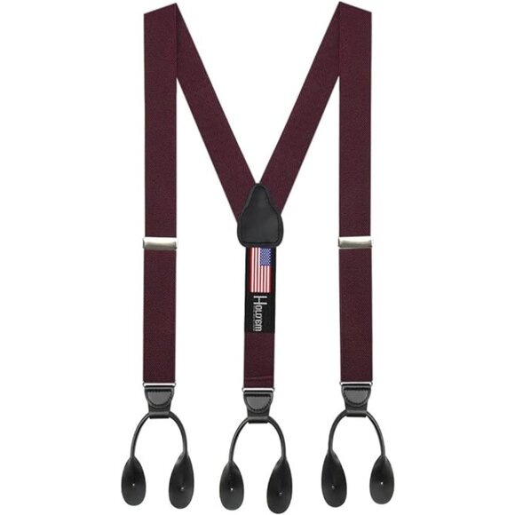 Hold’Em 1 3/8” Twill Elastic Suspenders for Men Leather Trimmed Button -Burgundy - Picture 1 of 7